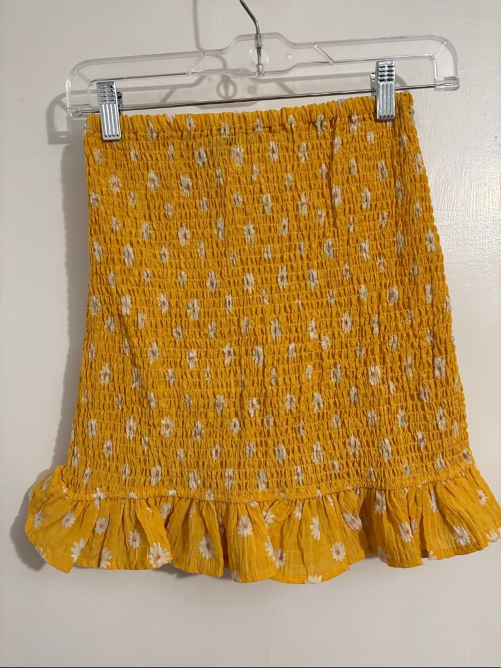 Forever 21 Mustard Yellow Smocked Mini Skirt with White Floral Print